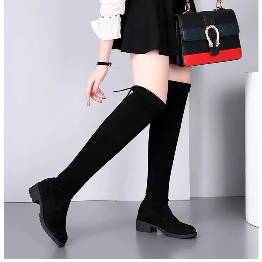 🛑AT COST! Vegan Suede Black Flat Knee Velvet Boots Slip On lined Boots - Picture 2 of 9
